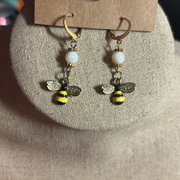 Gold and Black Bee Dangle Earrings - Picture 2 of 3